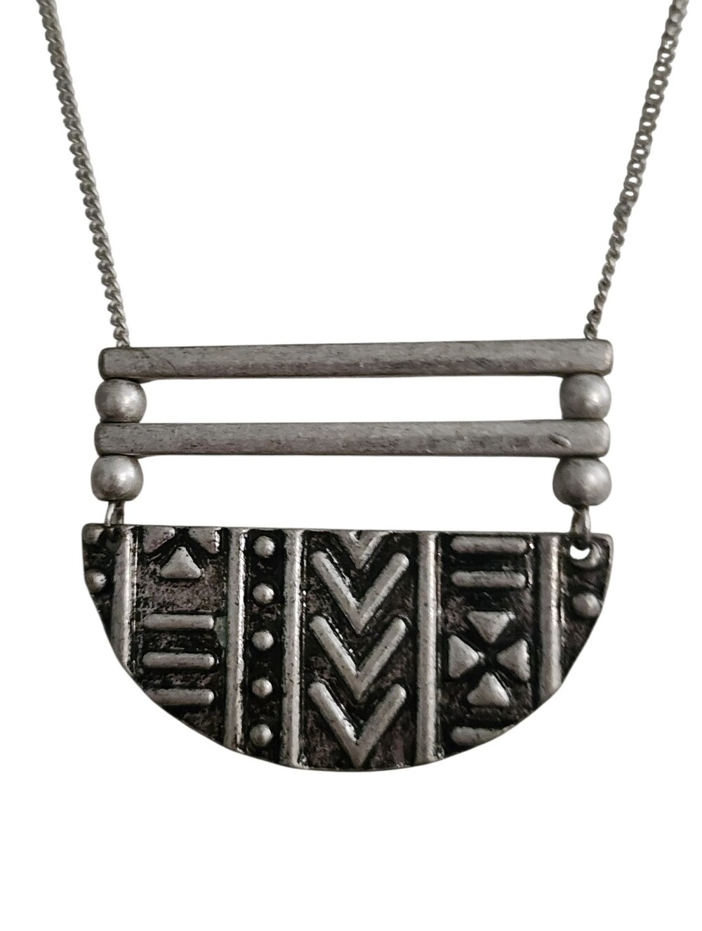 Silvertone Tribal Pattern Pendant Necklace